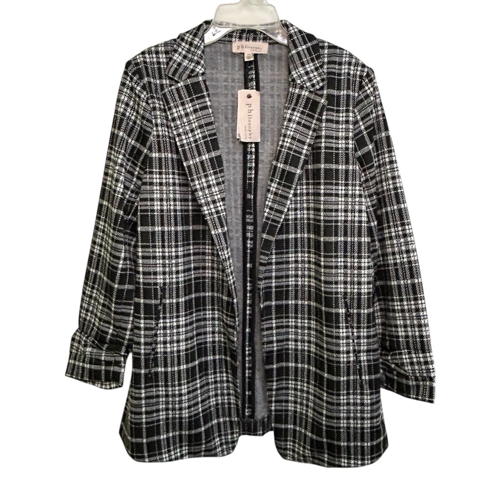 NWT Philosophy Women’s Plaid Blazer Black and White Long Sleeve Stretch Sz Large